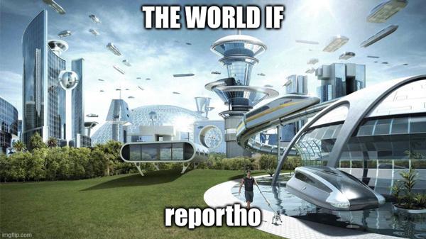 A drawing of a beautiful futuristic city, captioned with the words 'the world if reportho'